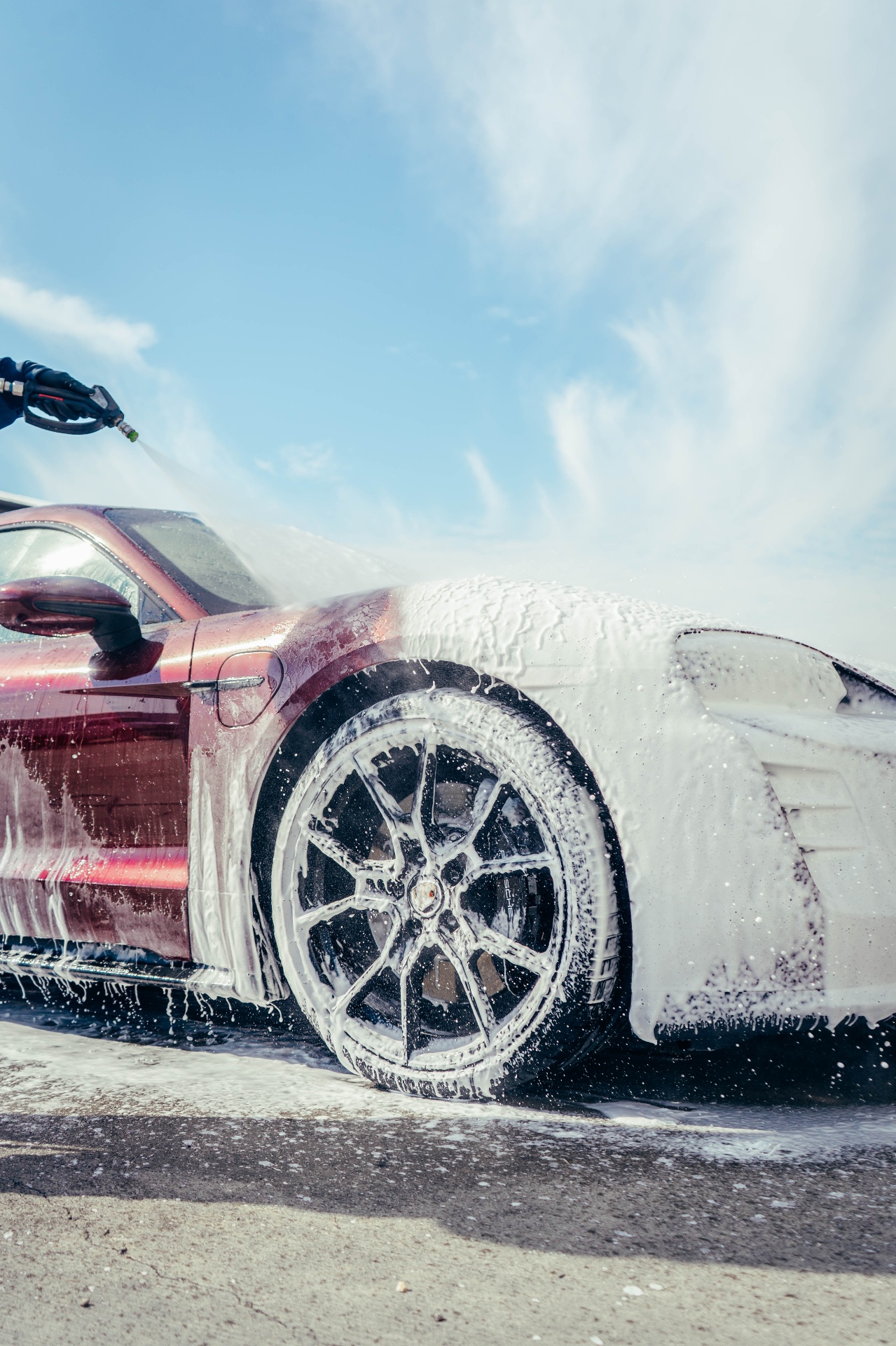 Porsche Taycan foam bath during ceramic coating prep